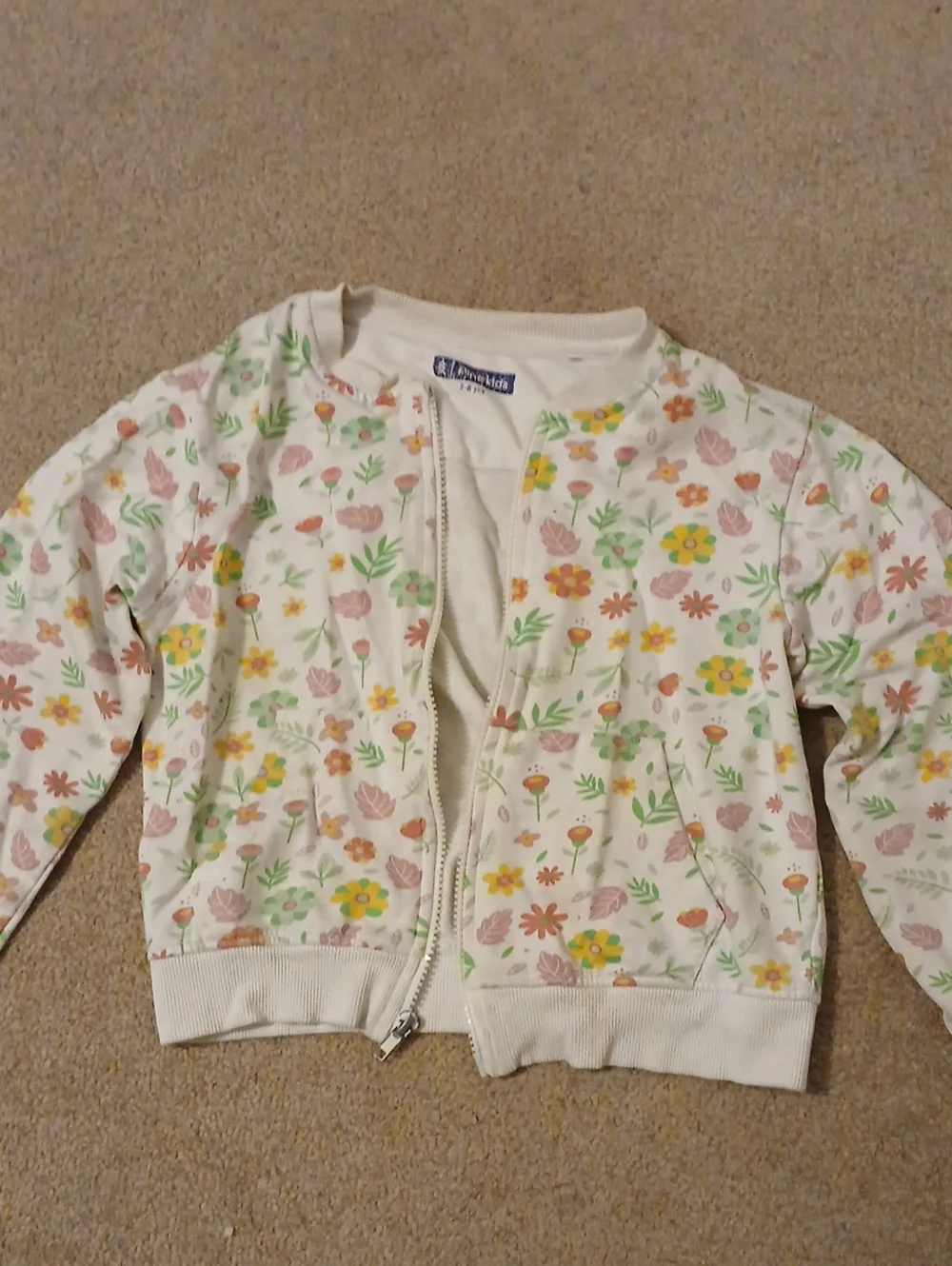 Floral Zip Jacket - White with Pink, Yellow & Green Flowers